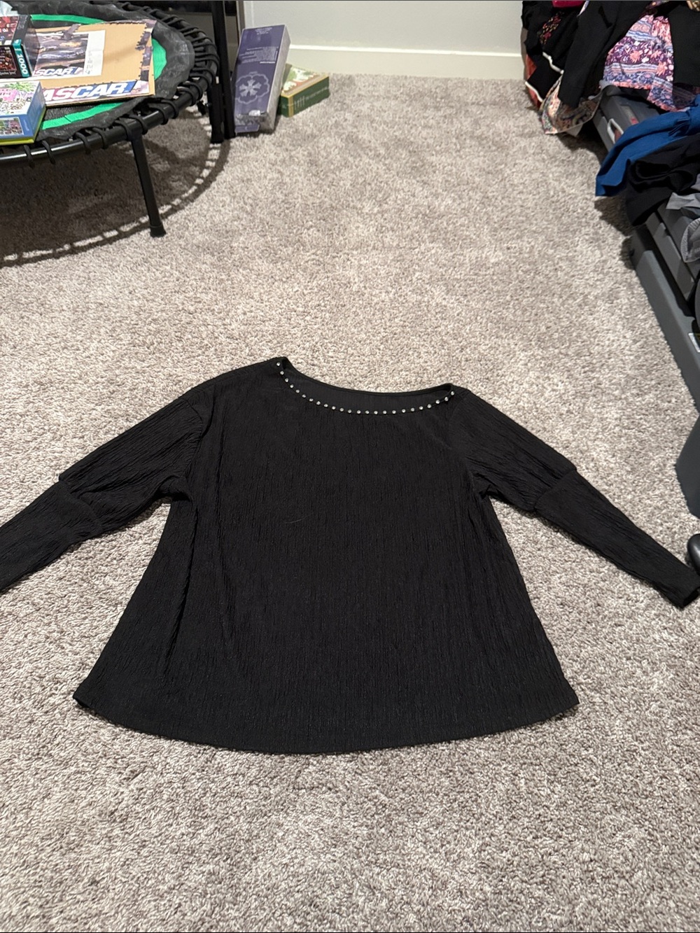 Stud-Trim Black Women's Long-Sleeve asymmetrical Top